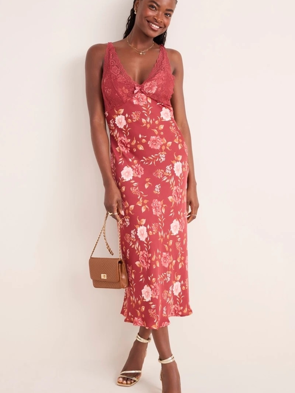 Francesca's Collections Rose Floral Lace-Trim Midi Dress - Rust